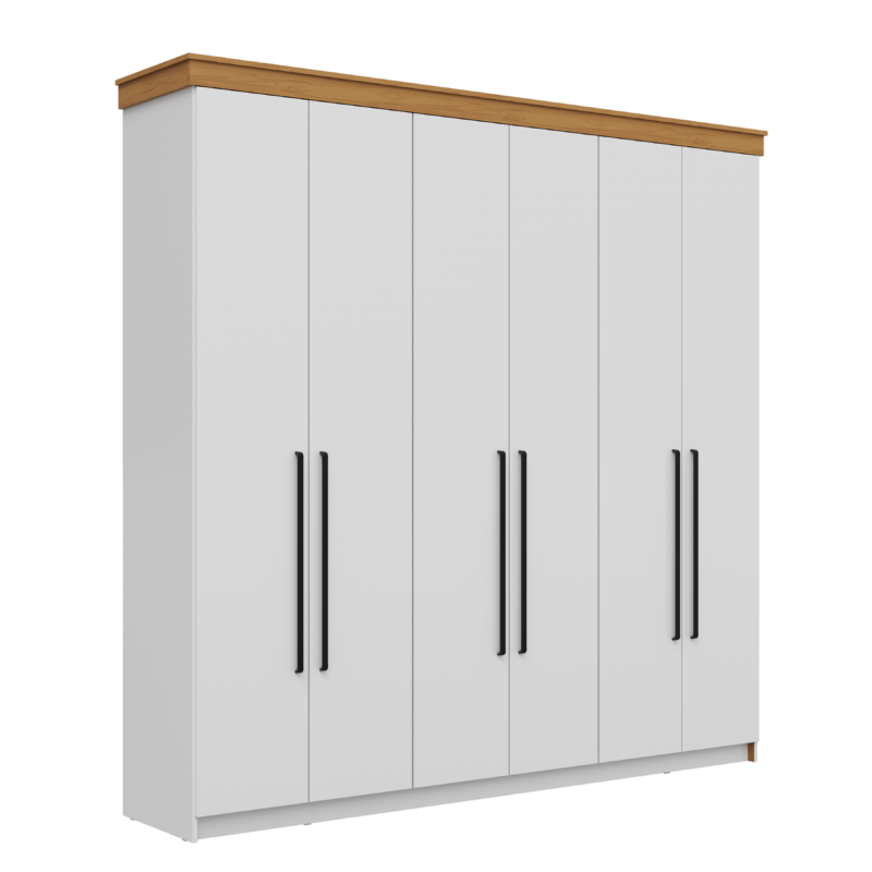 Roupeiro London 100% MDF 6 Portas 2 Gavetas Branco Brilho/Freijó